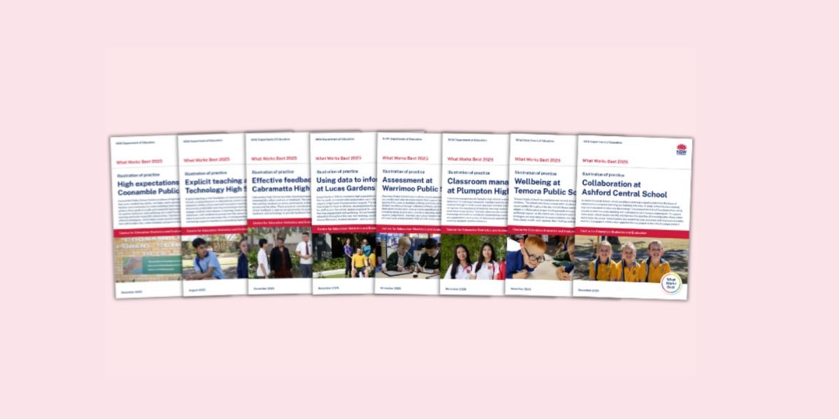 Graphic of publications on a pink background.
