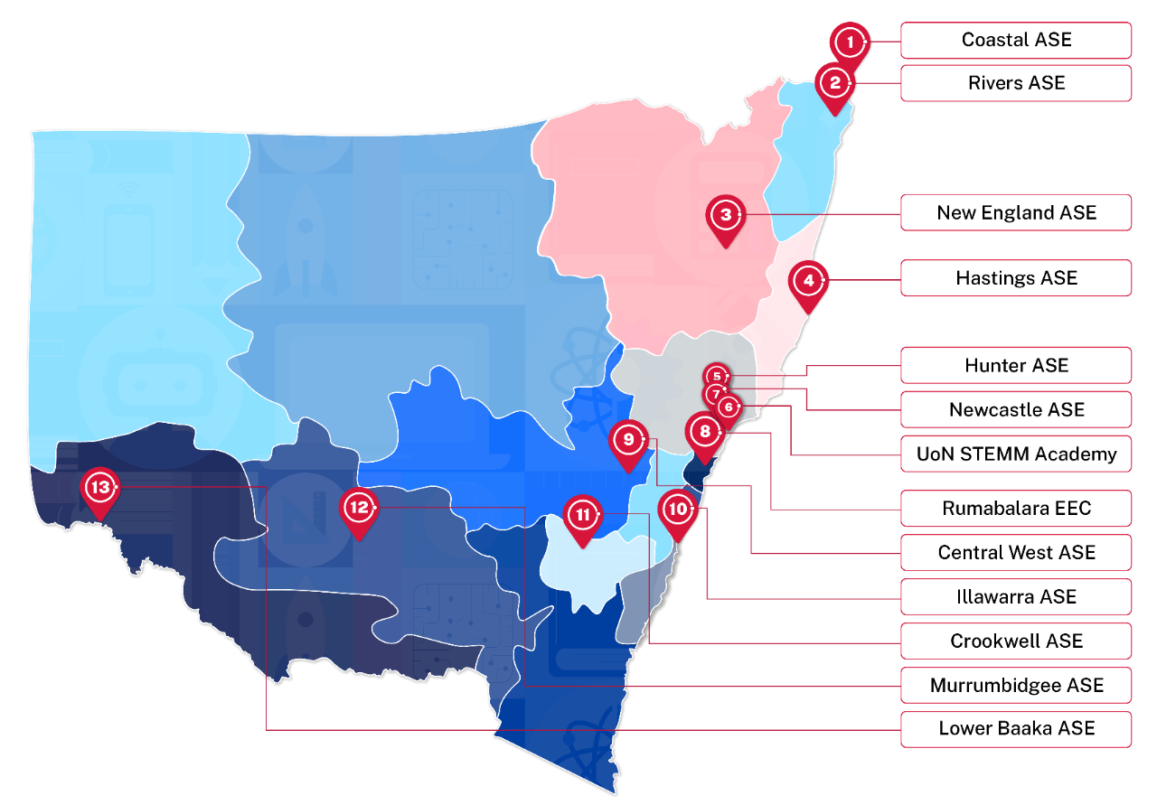 Map of NSW with numbered red circles and labels showing the locations of the academies.