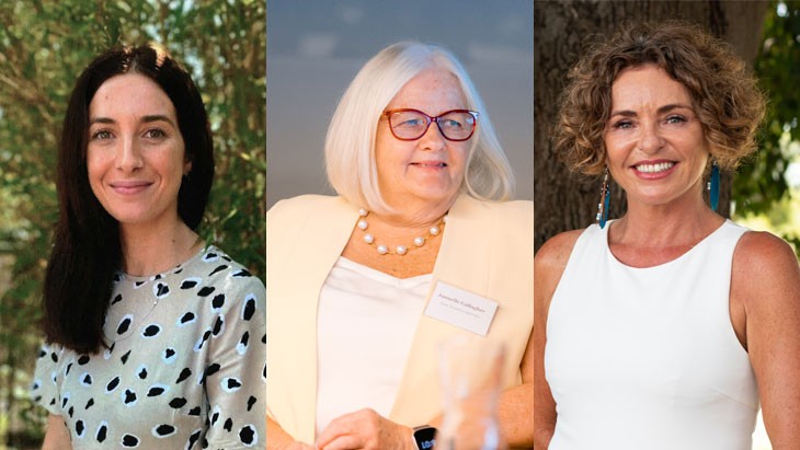 Headshots of 3 women who sit side by side. The first image is of a young woman with long dark hair, who wears a beige, black and white splotch-patterned t-shirt. The middle image depicts a woman with light grey shoulder-length hair. She wears a white top, cream blazer, a pearl necklace and light brown glasses. The third image is of a woman with tanned skin and light brown wavy hair. She wears a white, sleeveless top and long feathered earrings.
