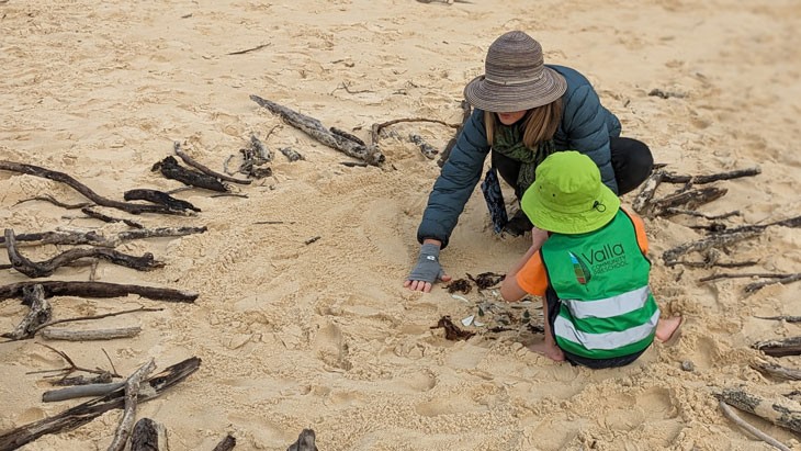 An educator sits next to a young child on the sand surrounded by a circle of sticks. They are looking at leaves and seaweed.