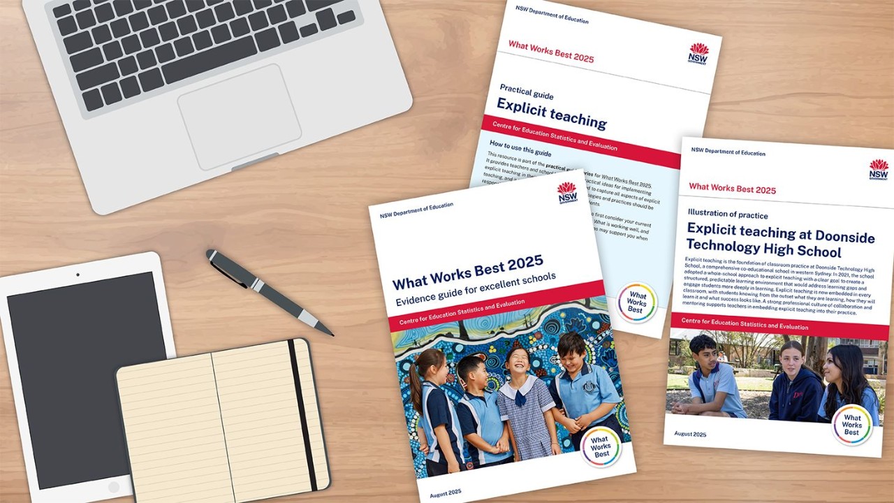 A desk with a laptop, phone, ipad, coffee, notebook and three 'What works best' resources