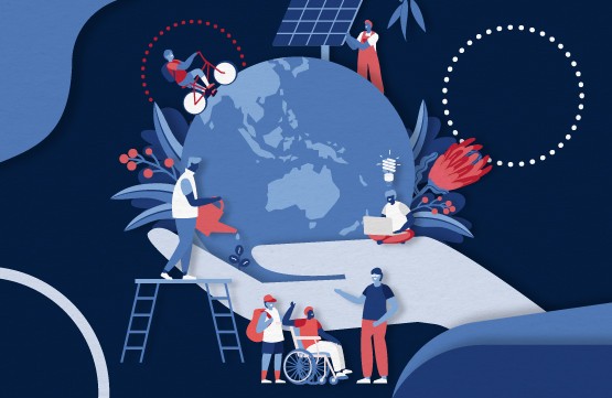 An illustrated hand is holding a globe with a diverse range of people and plants around it. 