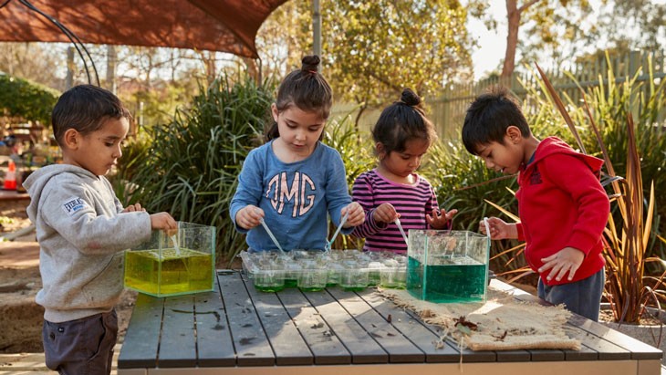 4 children standing around a table outdoors using eyedropper tools to mix coloured water. There is a clear box to the left side of the table with yellow-coloured liquid in it and another to the right side of the table with blue-green liquid. 2 of the children stand in front of a clear sectioned tray with green liquid in each of the sections.