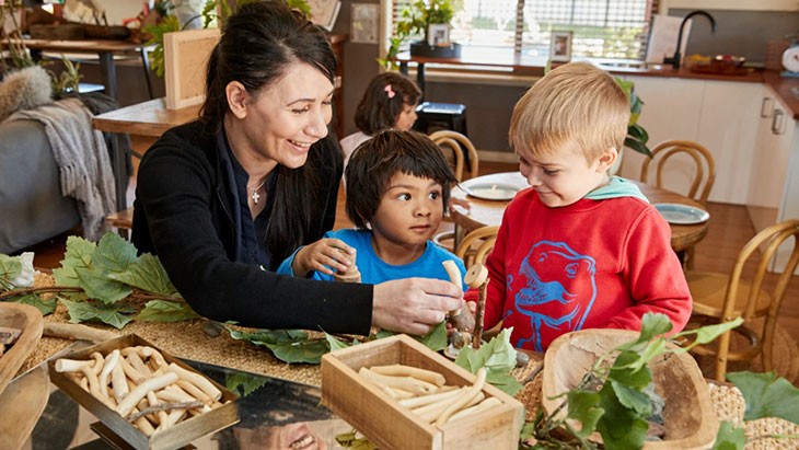 A female educator with long dark hair in a ponytail and wearing dark-coloured clothing engages with 2 children at a table, which is covered with wooden trays filled with natural items. A young child with short dark brown hair and a bright blue shirt sits next to her and is looking at a child standing next to them who wears a red jumper with a blue T-Rex illustration on it.