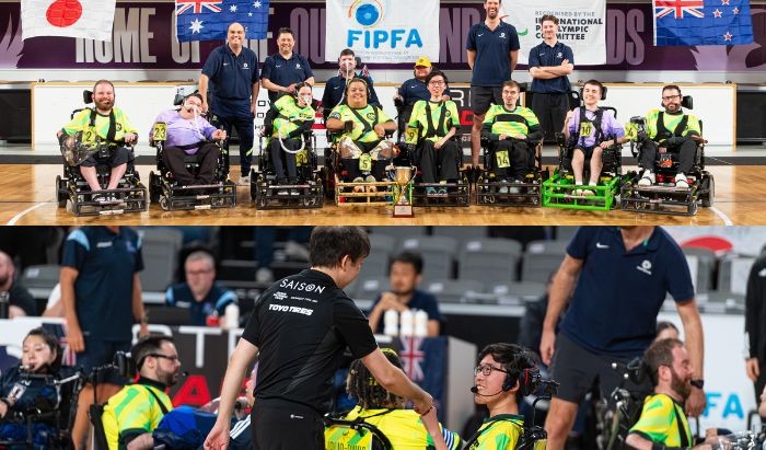 Two pictures of powerchair football players in wheelchairs at a game