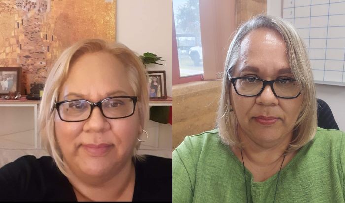 Two portrait shots of the same Aboriginal woman wearing glasses