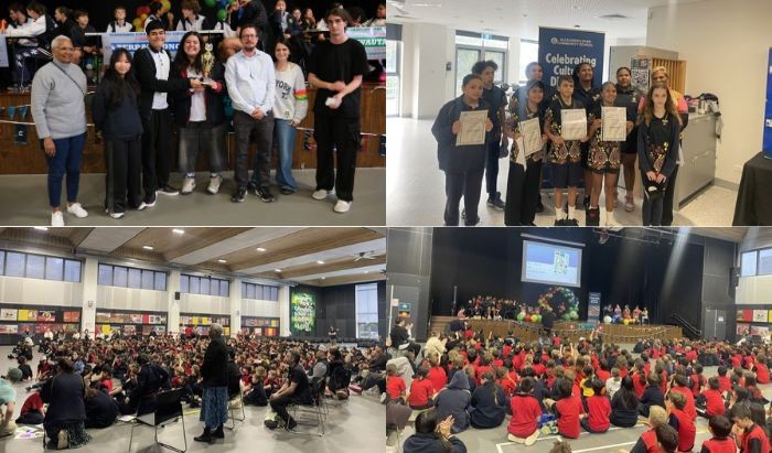 Four pictures of groups of people taking part in NAIDOC Week events in a school