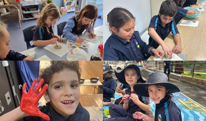 four pictures of primary school students undertaking various activities to celebrate NAIDOC Week