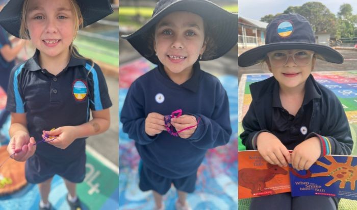 Three pictures of primary school students in blue school uniforms and hats smiling