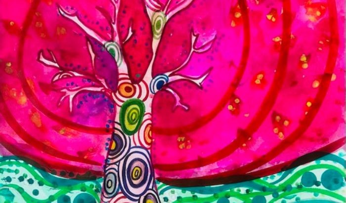 An artwork featuring a brigh coloured tree
