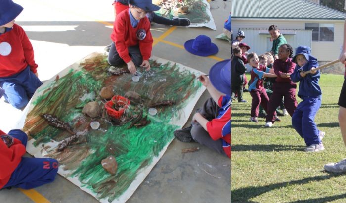 Two pictures one of public schol students doing an Aboriginal painting on the ground and the other of primary school students taking part in a tug of war