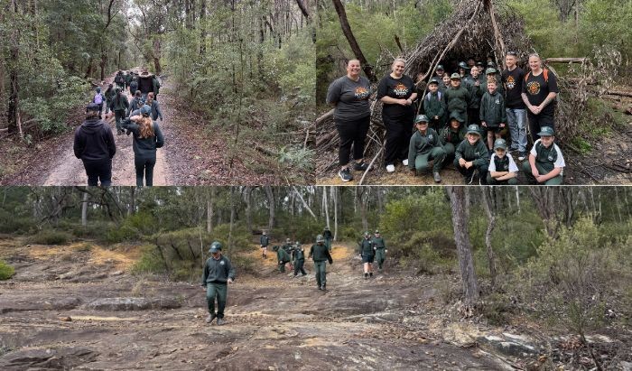 Three photos of primary school students walking in the Australian bushland