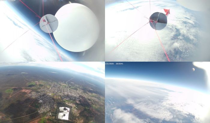 Four pictures three of a weather balloon approaching outer space and one of the view of the ground below from the weather balloon