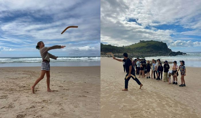 Two photos one of a girl throwing a bommerang on a beach and the other an Aboriginal man throwing a boomerang on a beach and watched by a group of primary school students