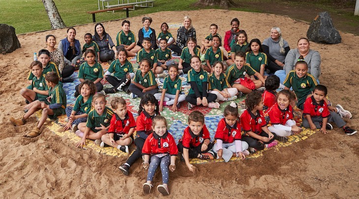 Children sitting in a large sand circle in a playground.
