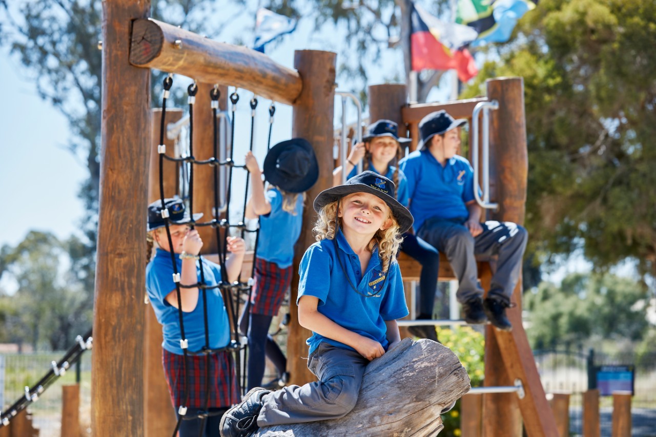 Young male student sits on a tree stump smiling while four out-of-focus students play on outdoor equipment behind him