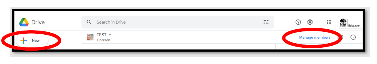A screenshot of creating a new shared drive. Manage members and New are circled.