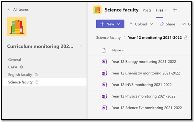 An example screenshot from Concord High. There is a OneNote for each subject from 2021-2022.