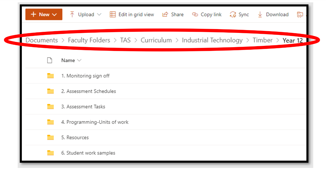 Example folder structure of Wallsends SharePoint.
