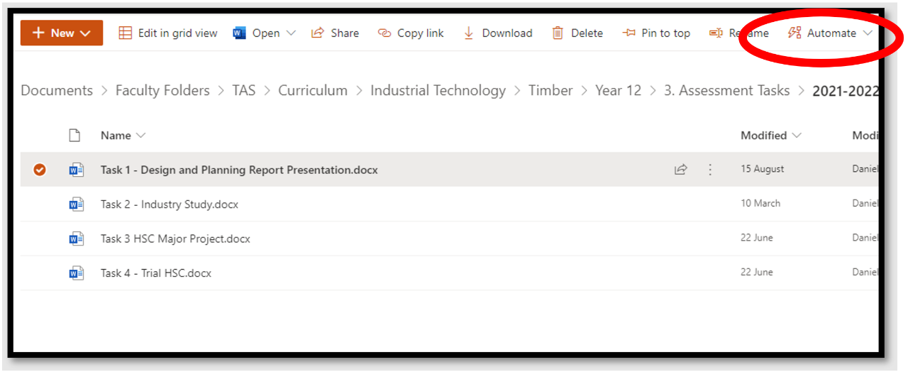 A screenshot of within SharePoint. The document requiring approval is selected. The automate button is circled.