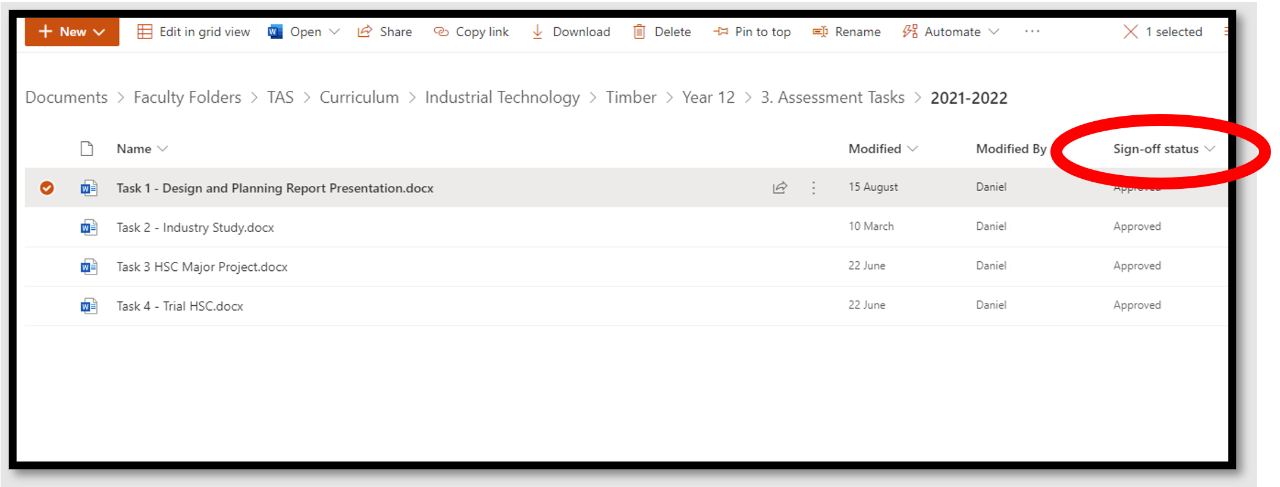 An example screenshot of a SharePoint folder with approved documents highlighted on the far right column.