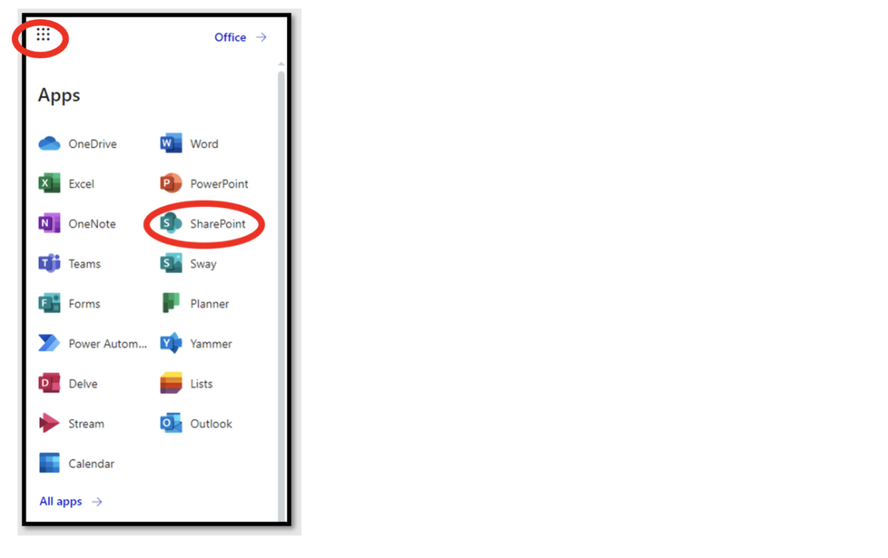 A screenshot of the Apps context menu within the Microsoft 365 home page. SharePoint is circled.