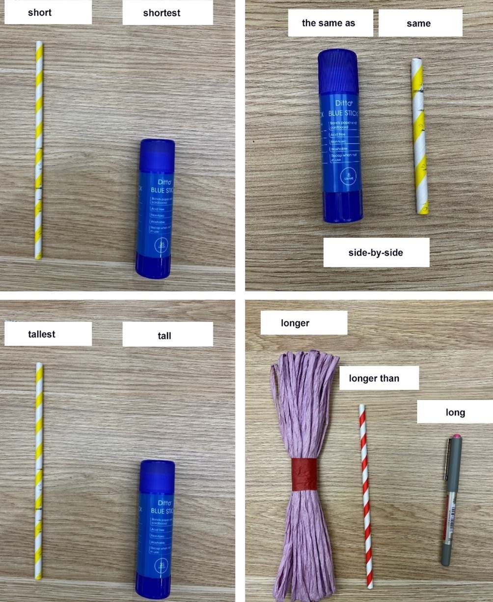 Four images using household items of different ways to describe and compare length