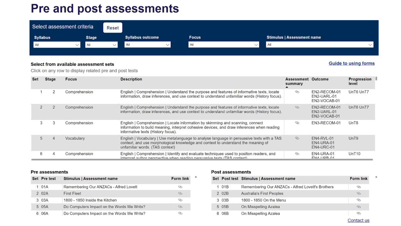 The pre and post assessment dashboard allows teachers to search for assessments by sets, available pre assessments and post assessments.