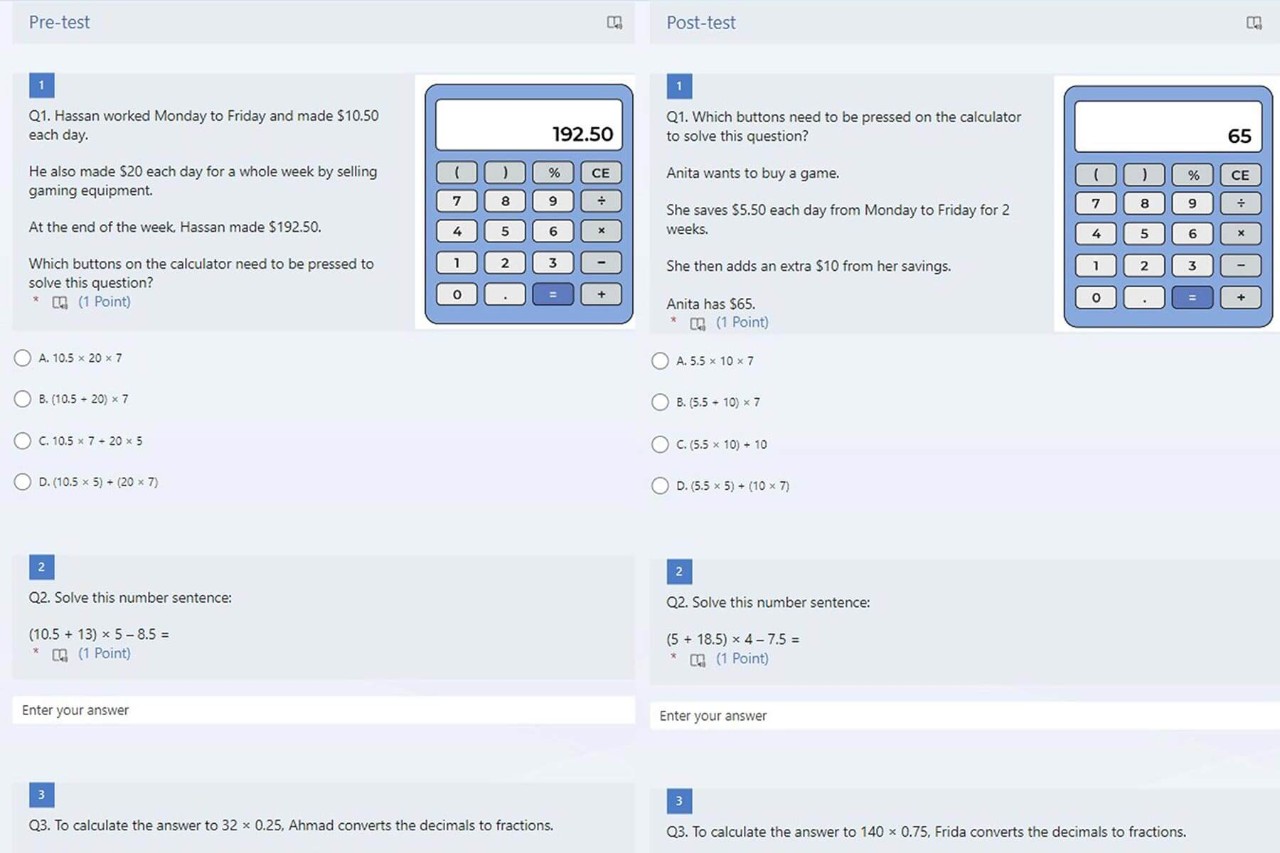 A side by side example of a pre and post numeracy assessment forms. These include a 2 multiple choice examples.