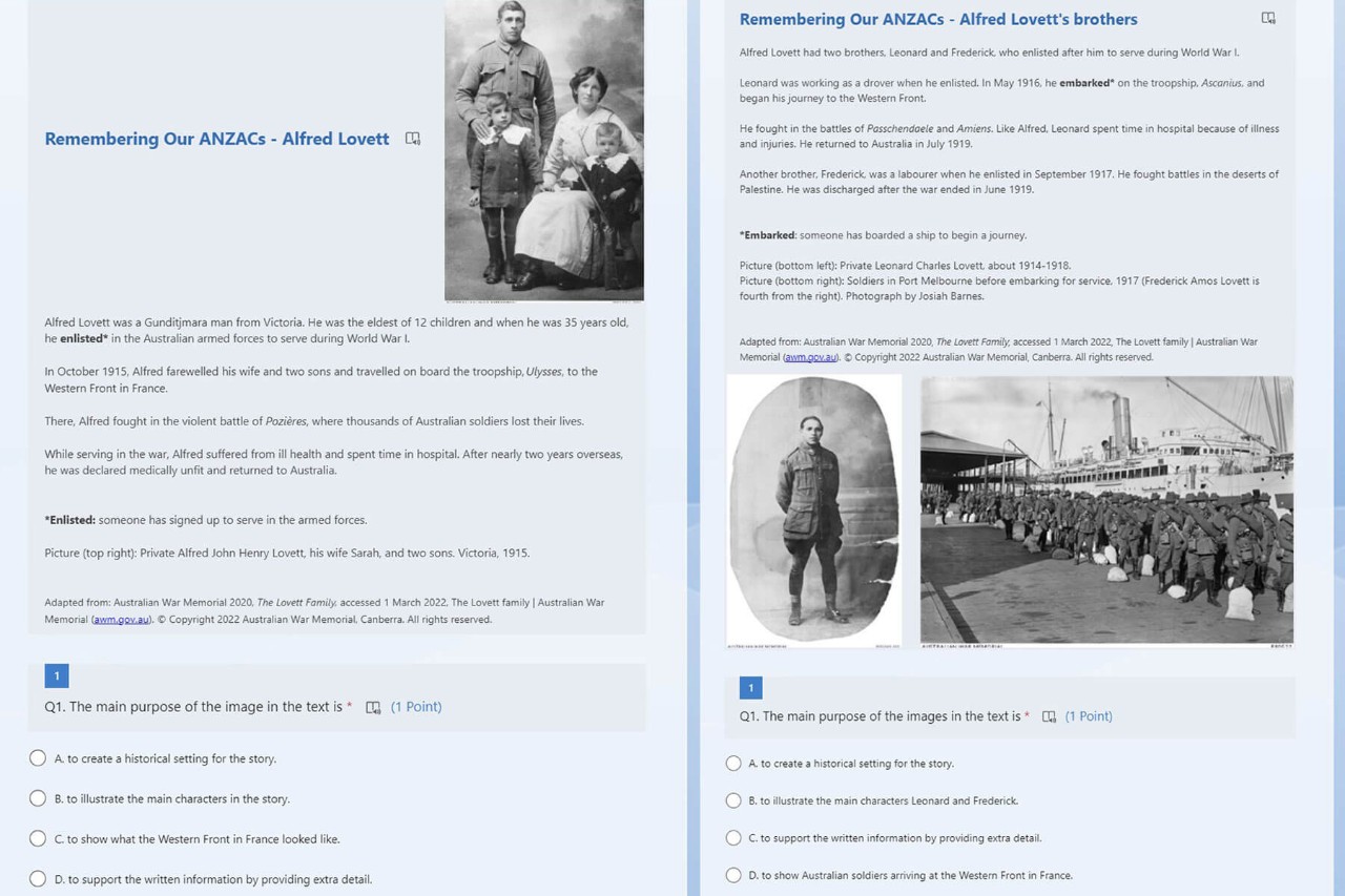 A side by side example of a pre and post assessment form. These form contain a series of multiple choice questions and supporting images.
