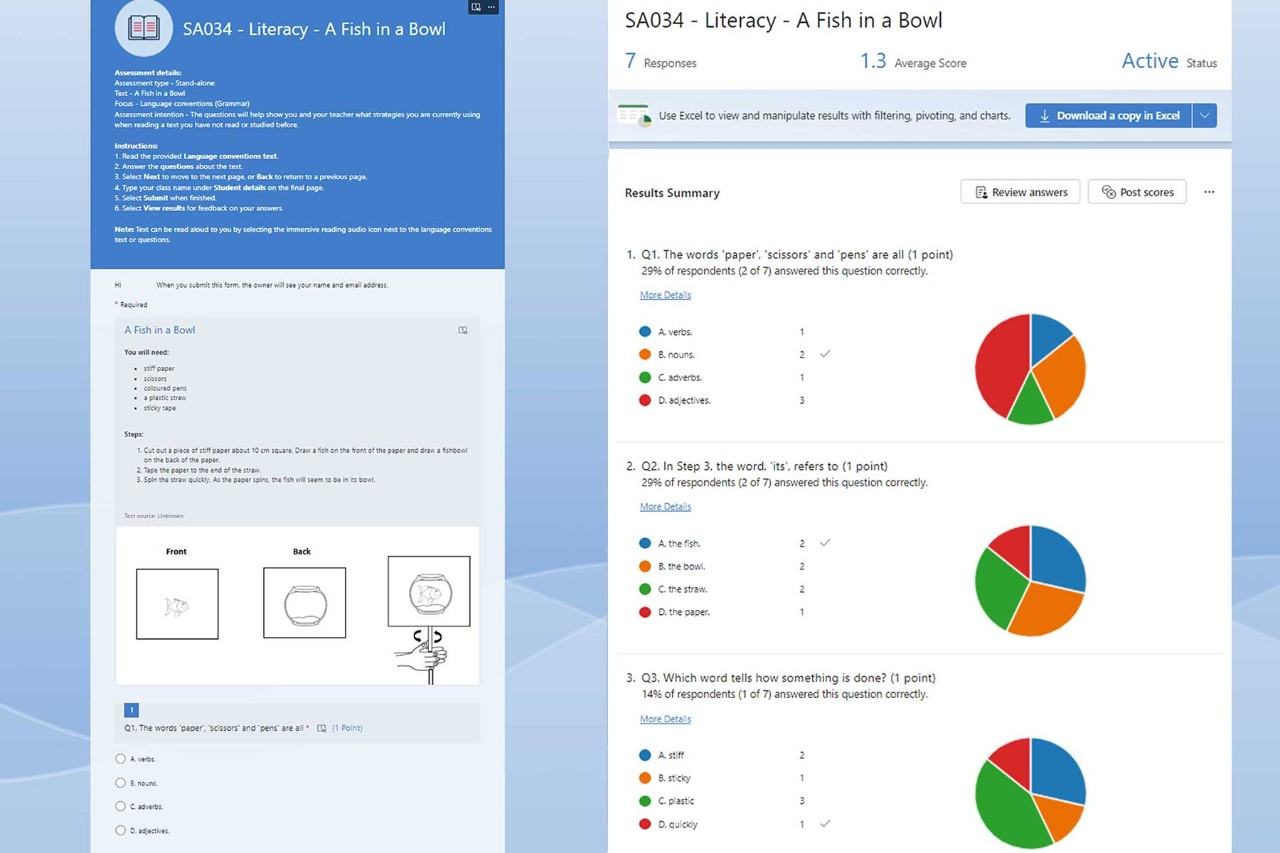 A side by side example of the language conventions Stand-alone assessment form and data. One displays the multiple choice questions and one displays the data in pie charts.