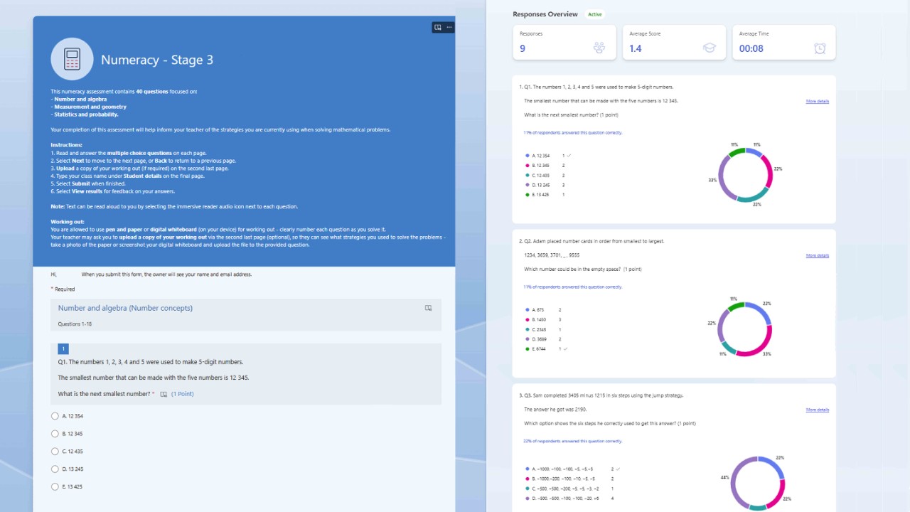 A side by side example of the Stage snapshot numeracy assessment form and data. One displays the multiple choice questions and one displays the data in pie chart.