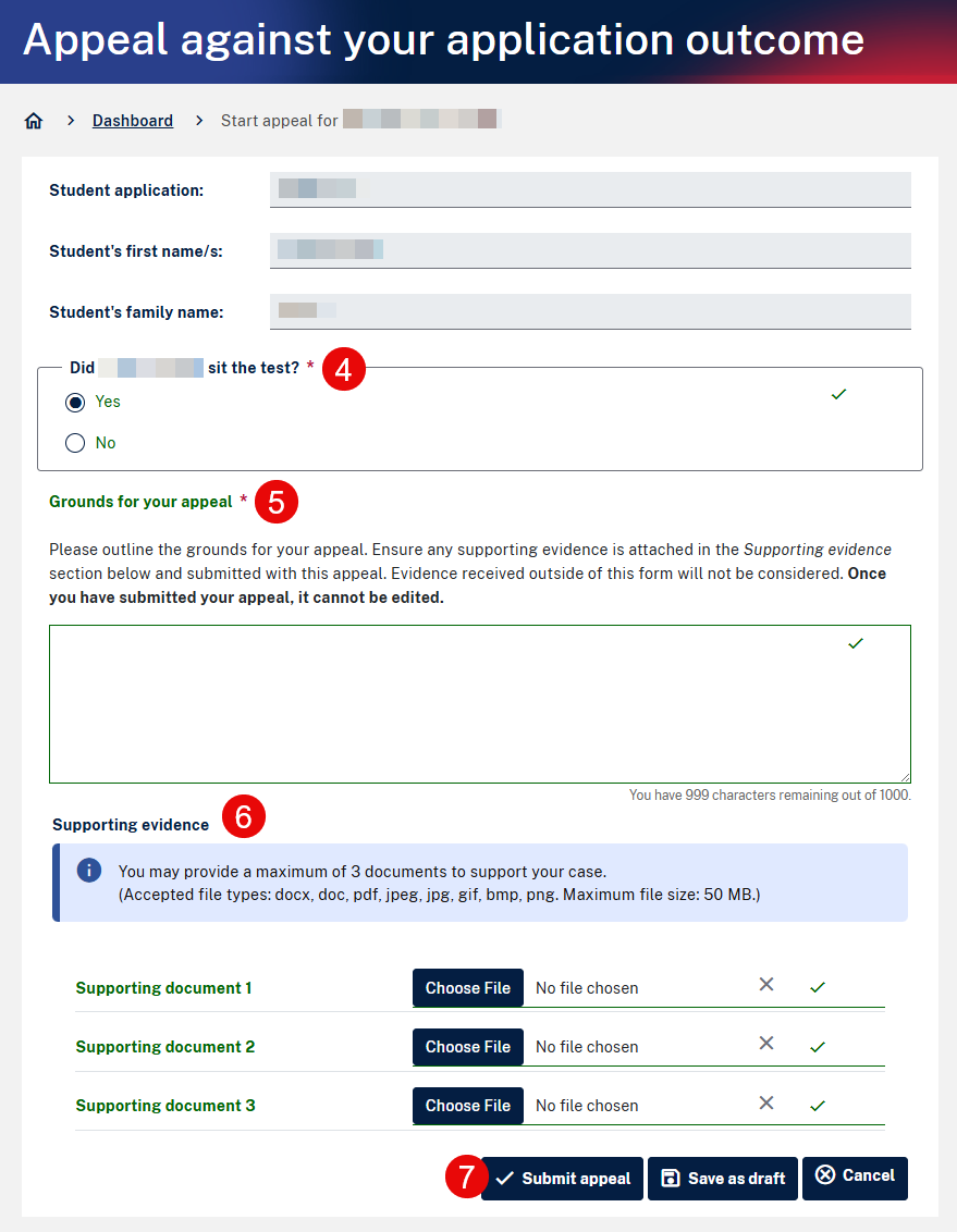 Screenshot of the Appeals screen in the application dashboard