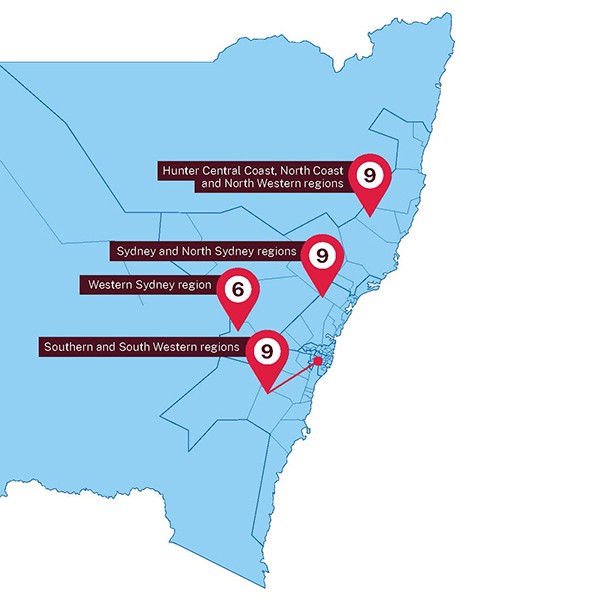 Map of NSW showing the 4 main regions with schools in the HPGE Partner School Program