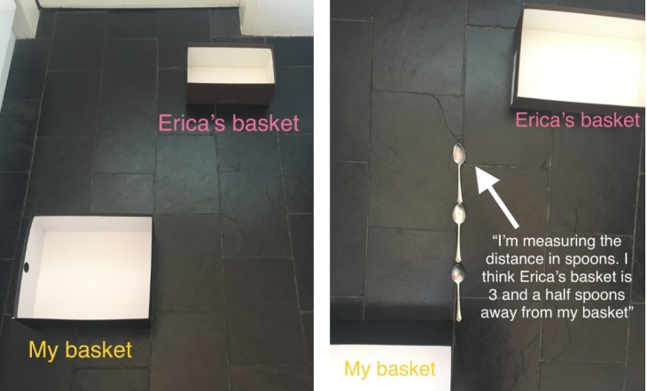 two baskets placed in distance measured by 3.5 spoons
