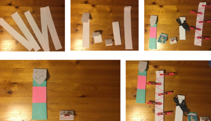 Series of images of cardboard strips that folded into creatures with various lengths