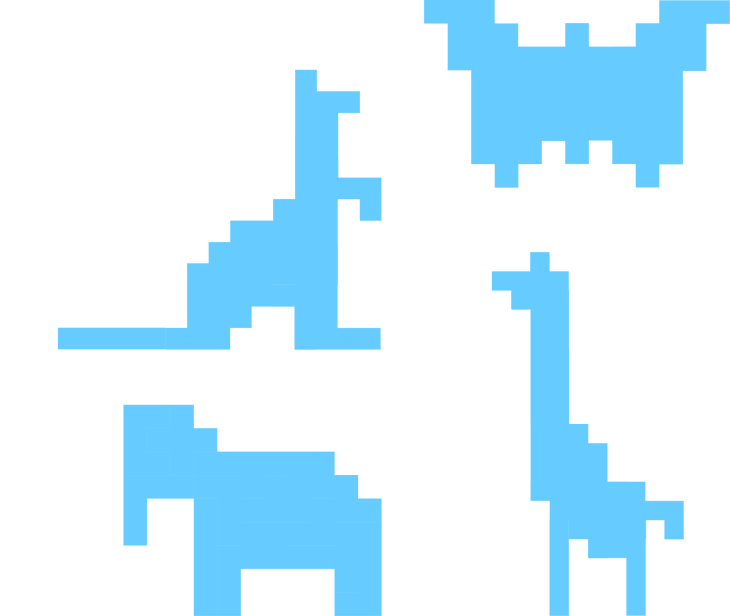 Images of kangaroo, elephant, butterfly and giraffe built from pentominoes