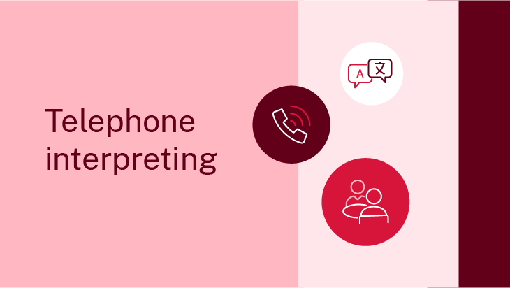 Dark red text on light pink background: Telephone interpreting. Three icons representing two people talking, a telephone, and speech bubbles with characters symbolising translation