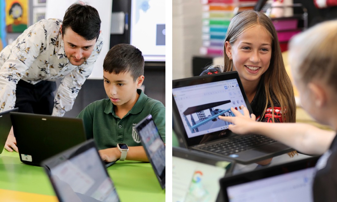 A teacher using an iPad with her students