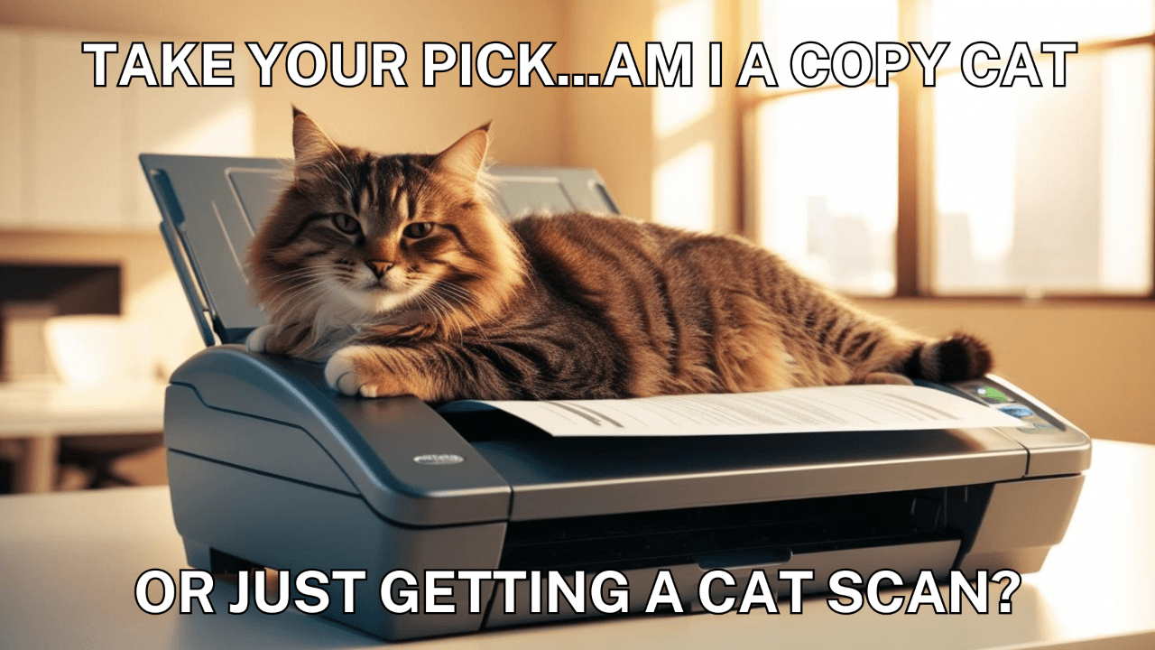 Image of a cat on a printer asking Take your pick ... am I a copy cat or just getting a cat scan