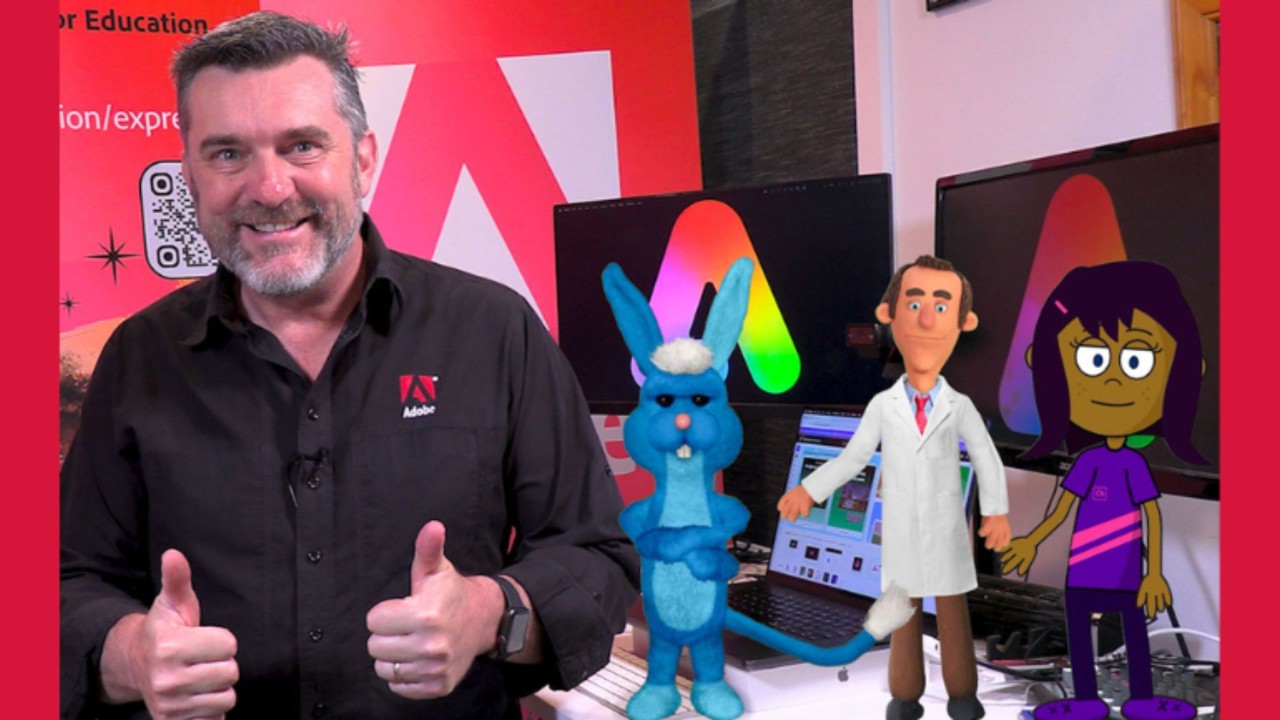 Man standing with thumbs up in front of three cartoon characters.