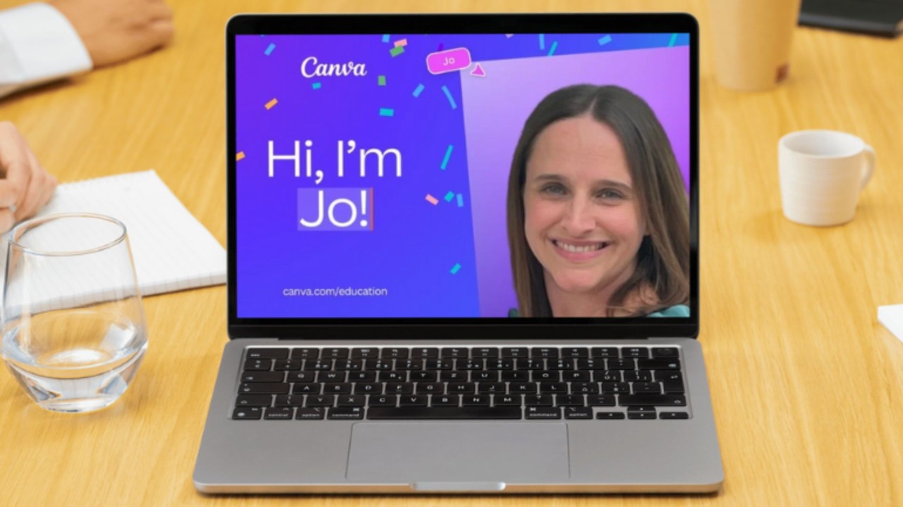Laptop with a slide on it saying Hi, I am Jo