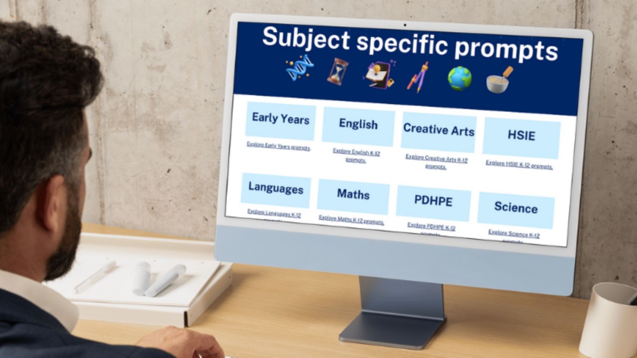 A computer monitor showing the NSWEduChat prompt library.