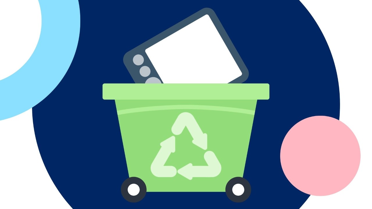 Graphic of a recycle bin with a device inside it.