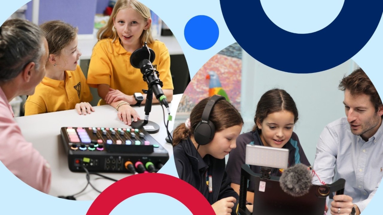 Students using podcasting and filmmaking kits
