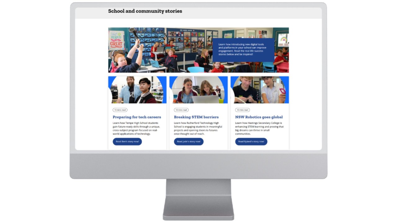 Website showing the school stories page.