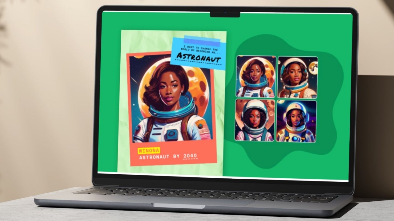 Laptop screen with a graphic of an astronaut
