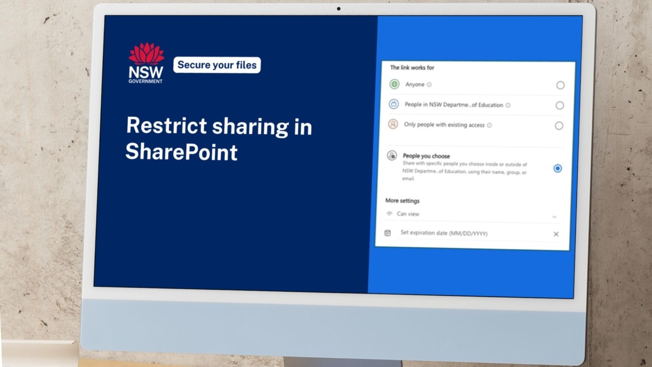 Computer monitor with a screen shot saying restrict sharing in SharePoint and a sharing settings window.