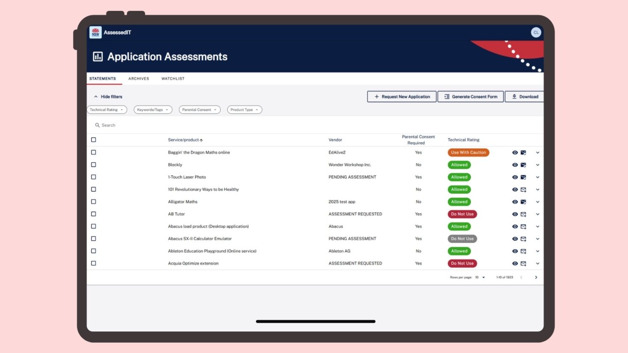 Screenshot of a device with the AssessedIT page showing.
