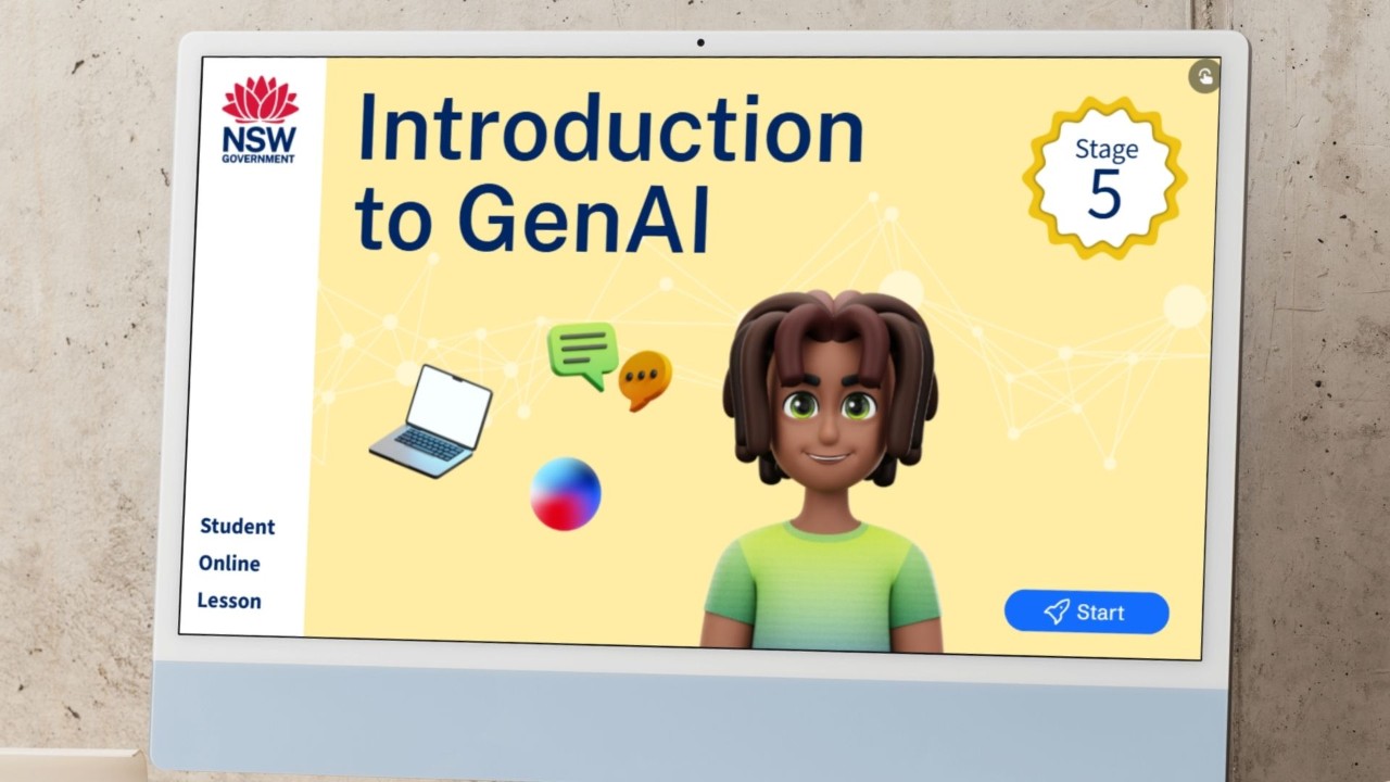 Monitor mockup with a cartoon image of a person with a laptop and speech bubbles.